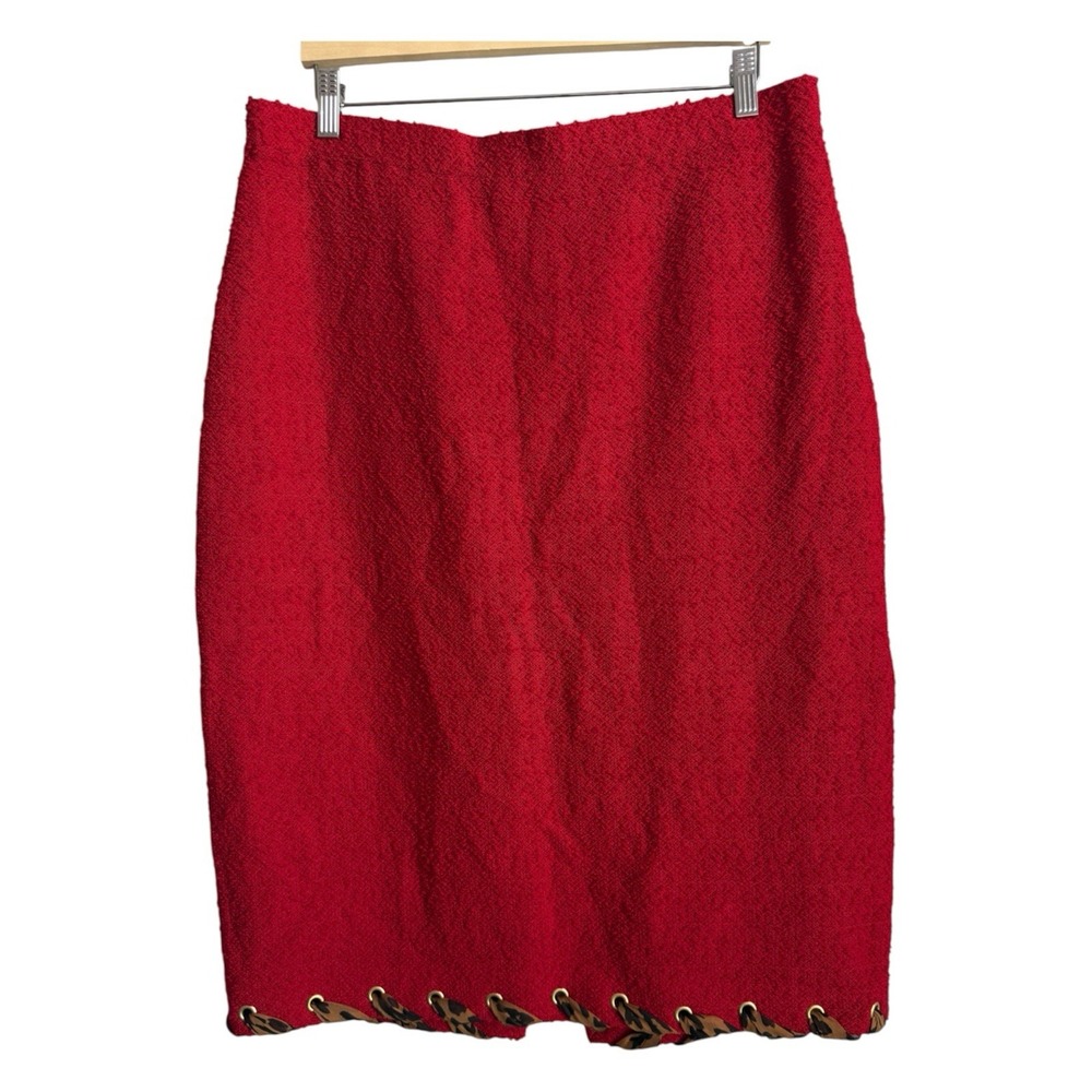 St.John Red Textured Boucle Tweed Pencil Skirt Leopard Ribbon Lace Up Trim Sz 16